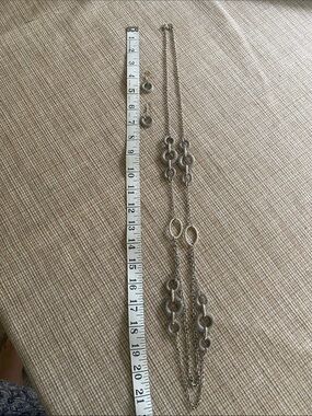 Silver-Tone Multi-Link Long Necklace with Matching Studs